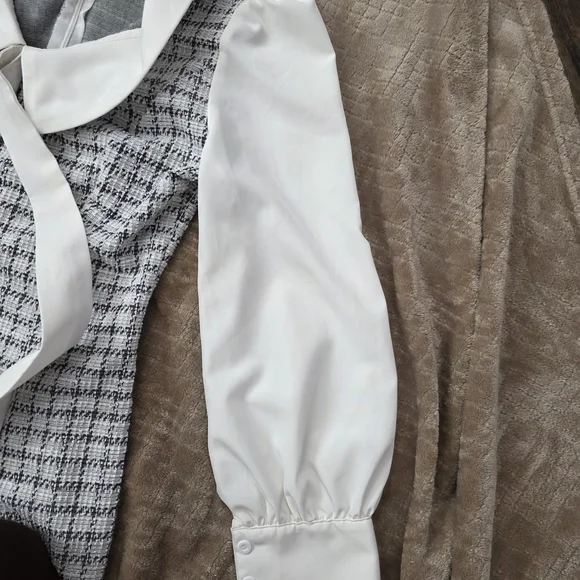 Plaid Tweed Dress Bow Front Long Sleeve, Mini Houndstooth, Preppy, Clueless Med - Picture 5 of 10